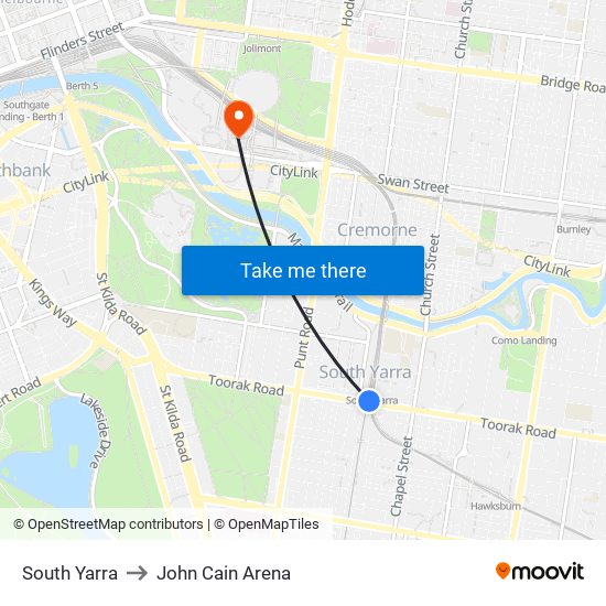 South Yarra to John Cain Arena map