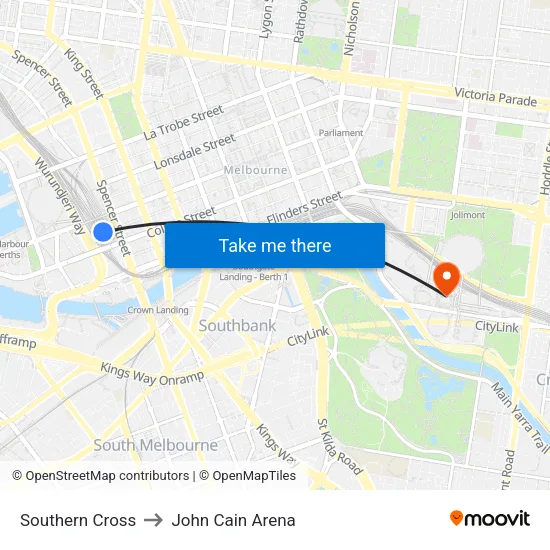 Southern Cross to John Cain Arena map