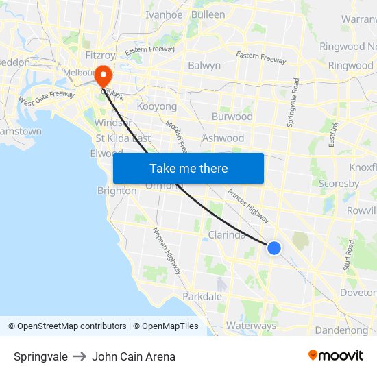 Springvale to John Cain Arena map