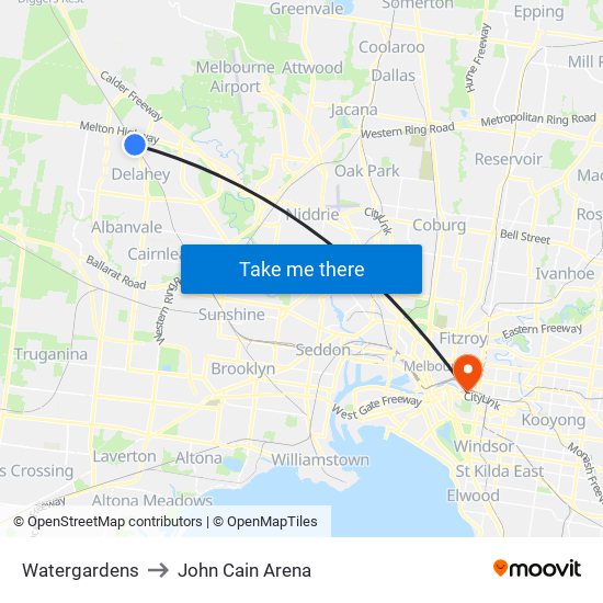 Watergardens to John Cain Arena map