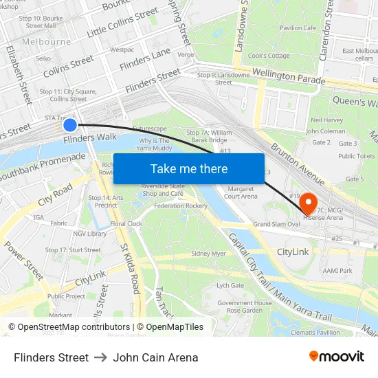 Flinders Street to John Cain Arena map