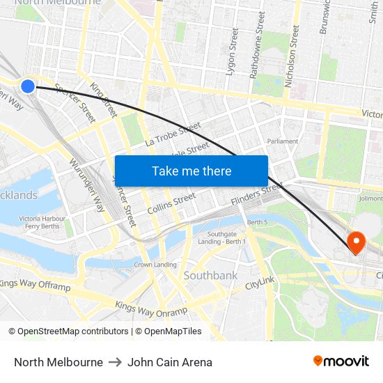 North Melbourne to John Cain Arena map