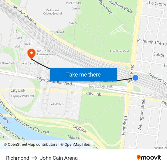 Richmond to John Cain Arena map