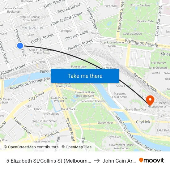 Elizabeth St/Collins St #5 to John Cain Arena map