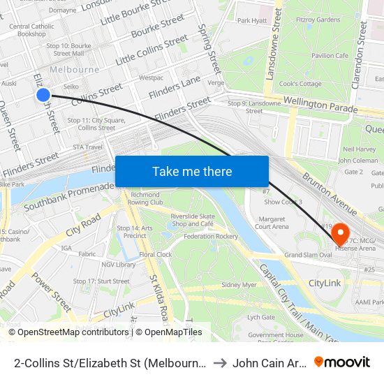 2-Collins St/Elizabeth St (Melbourne City) to John Cain Arena map