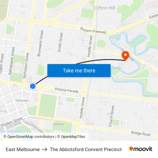East Melbourne to The Abbotsford Convent Precinct map