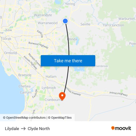 Lilydale to Clyde North map