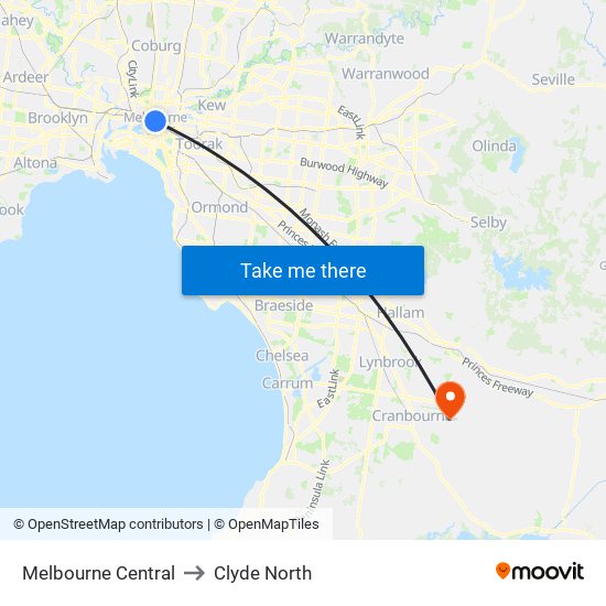 Melbourne Central to Clyde North map