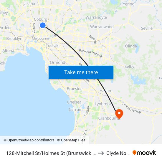 128-Mitchell St/Holmes St (Brunswick East) to Clyde North map