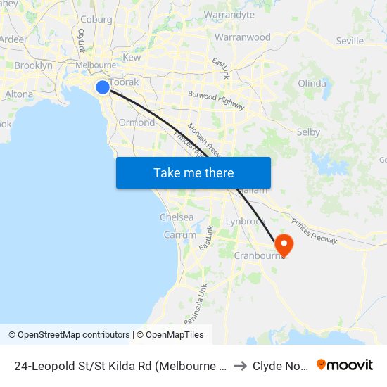 24-Leopold St/St Kilda Rd (Melbourne City) to Clyde North map