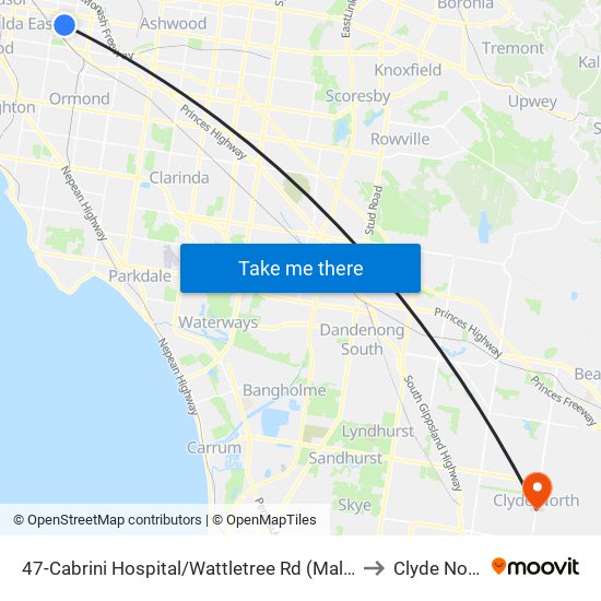 47-Cabrini Hospital/Wattletree Rd (Malvern) to Clyde North map