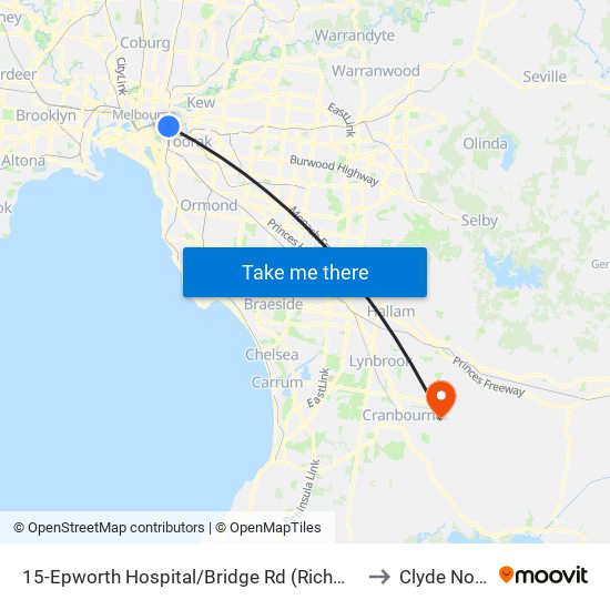 15-Epworth Hospital/Bridge Rd (Richmond) to Clyde North map