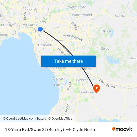 18-Yarra Bvd/Swan St (Burnley) to Clyde North map