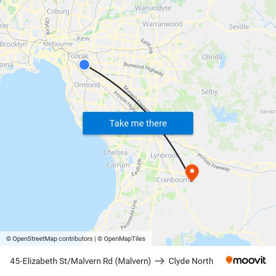 45-Elizabeth St/Malvern Rd (Malvern) to Clyde North map