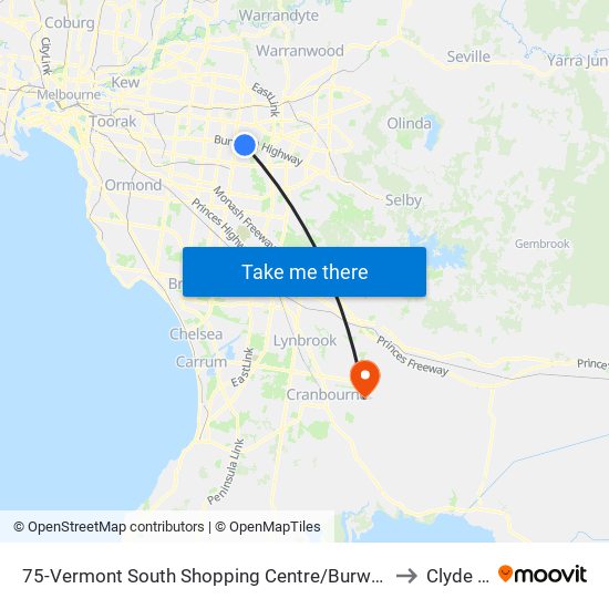 75-Vermont South Shopping Centre/Burwood Hwy (Vermont South) to Clyde North map