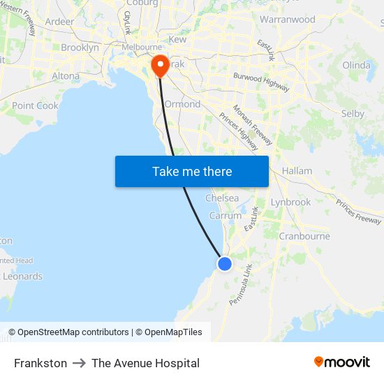 Frankston to The Avenue Hospital map