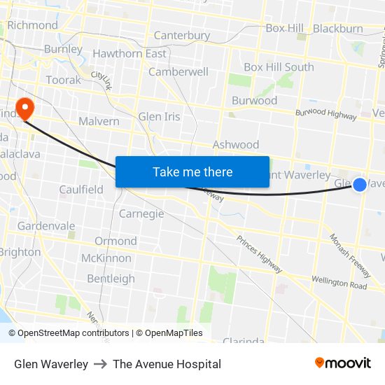 Glen Waverley to The Avenue Hospital map