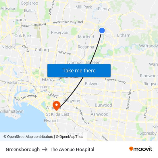 Greensborough to The Avenue Hospital map