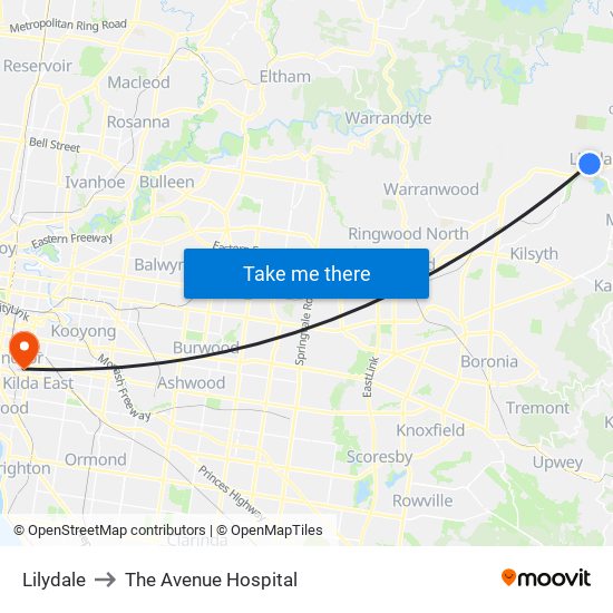 Lilydale to The Avenue Hospital map