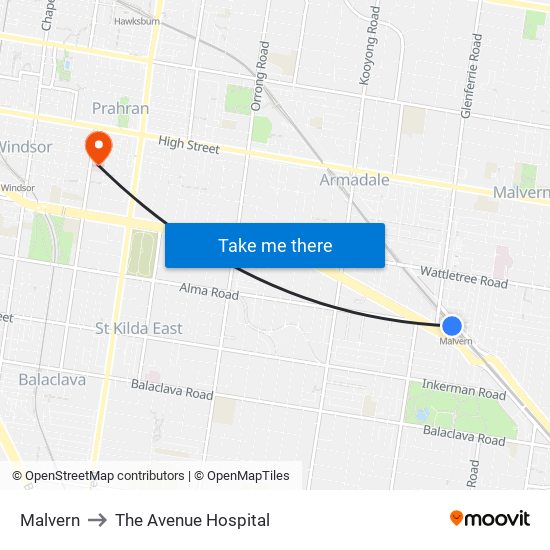 Malvern to The Avenue Hospital map