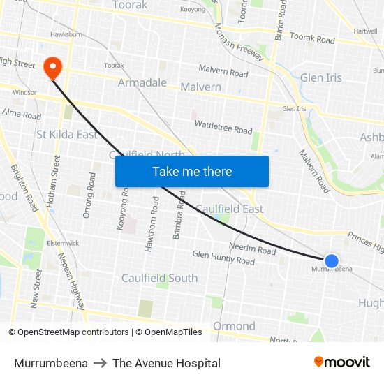Murrumbeena to The Avenue Hospital map