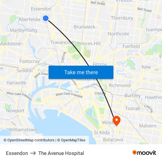 Essendon to The Avenue Hospital map