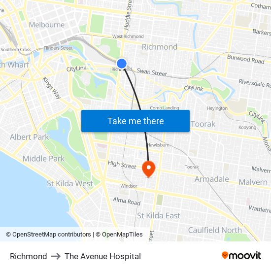 Richmond to The Avenue Hospital map