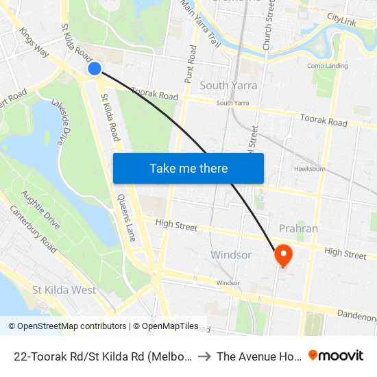 22-Toorak Rd/St Kilda Rd (Melbourne City) to The Avenue Hospital map