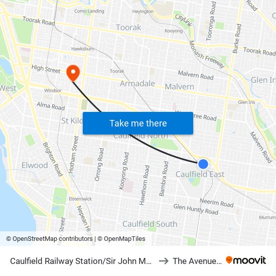 Caulfield Railway Station/Sir John Monash Dr (Caulfield East) to The Avenue Hospital map