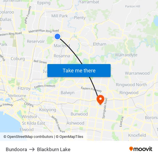 Bundoora to Blackburn Lake map