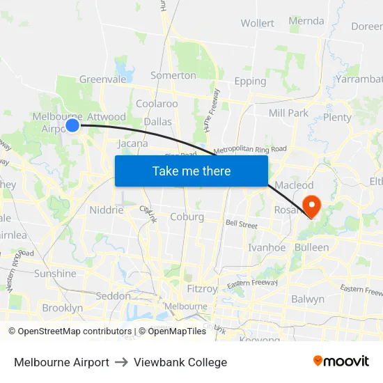 Melbourne Airport to Viewbank College map