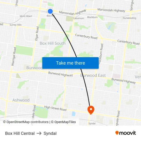 Box Hill Central to Syndal map