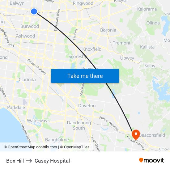 Box Hill to Casey Hospital map