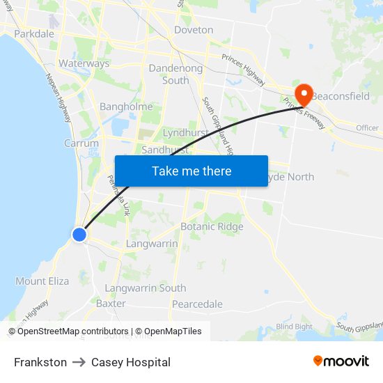Frankston to Casey Hospital map