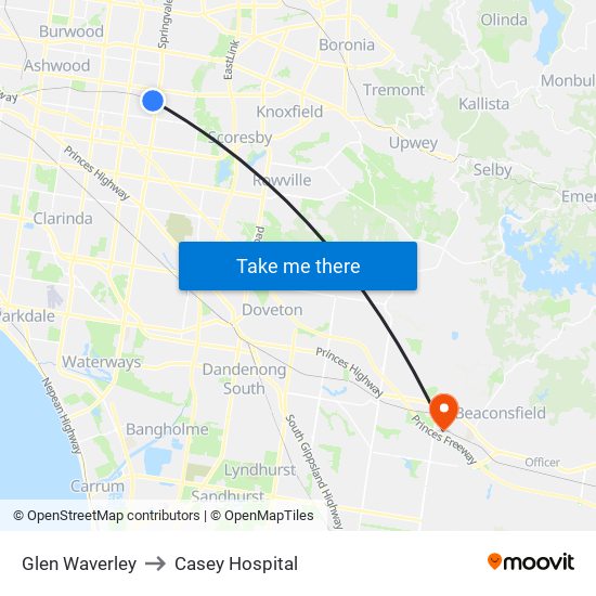 Glen Waverley to Casey Hospital map