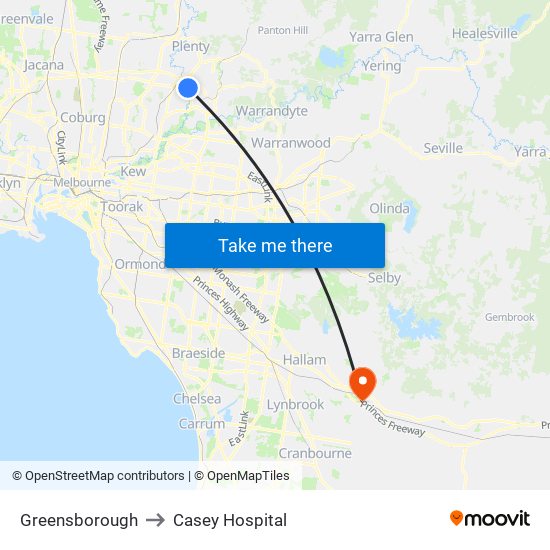 Greensborough to Casey Hospital map