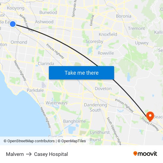 Malvern to Casey Hospital map