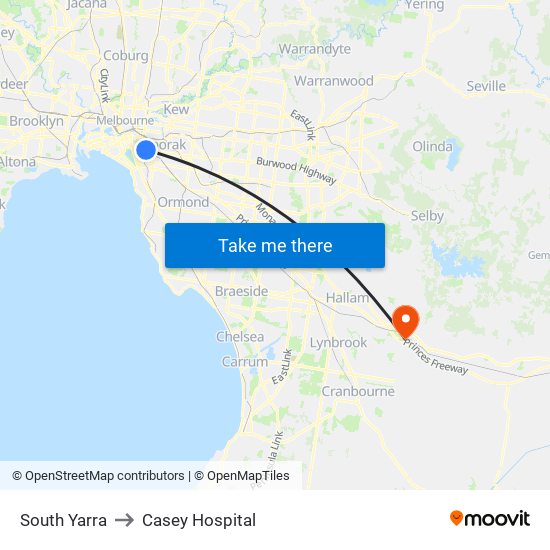 South Yarra to Casey Hospital map