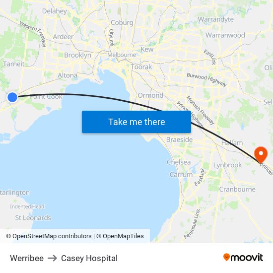 Werribee to Casey Hospital map