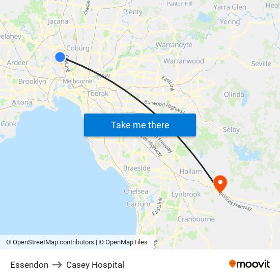 Essendon to Casey Hospital map