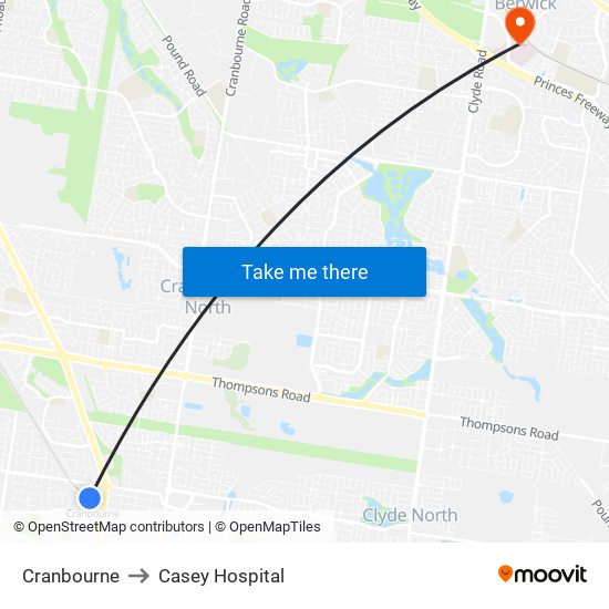 Cranbourne to Casey Hospital map