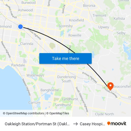 Oakleigh Station/Portman St (Oakleigh) to Casey Hospital map