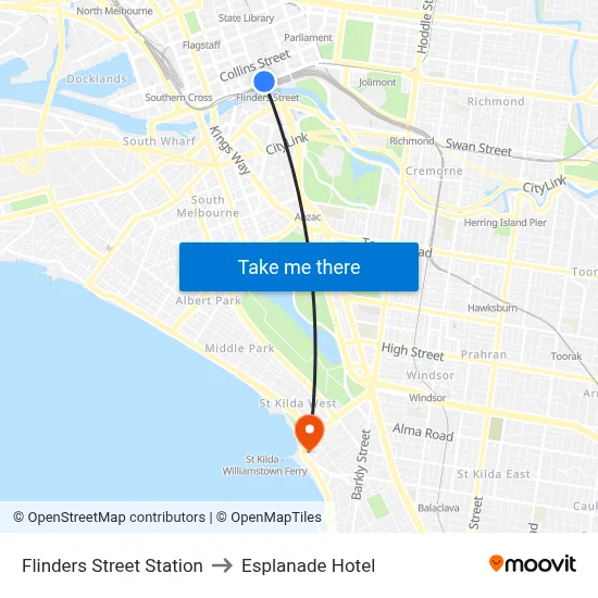 Flinders Street Station to Esplanade Hotel map