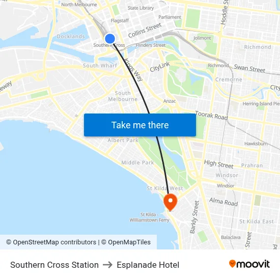 Southern Cross Station to Esplanade Hotel map
