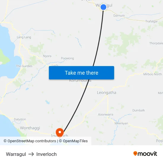 Warragul to Inverloch map