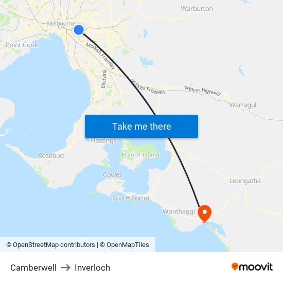 Camberwell to Inverloch map