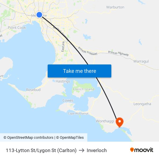 113-Lytton St/Lygon St (Carlton) to Inverloch map