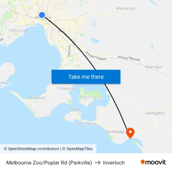 Melbourne Zoo/Poplar Rd to Inverloch map