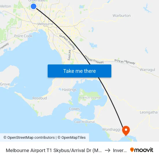 Melbourne Airport T1 Skybus/Arrival Dr to Inverloch map