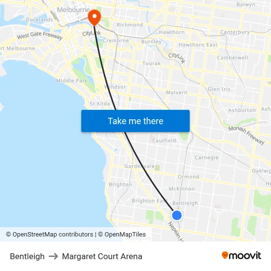 Bentleigh to Margaret Court Arena map